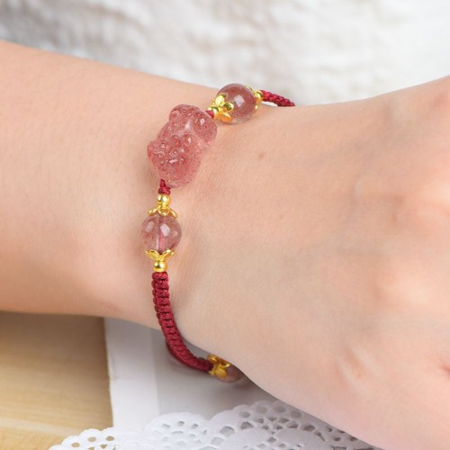 Natural Strawberry Crystal Pixiu Charm Lucky Bracelet