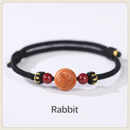 Natural Peach Wood Chinese Zodiac Cinnabar Wealth Bracelet