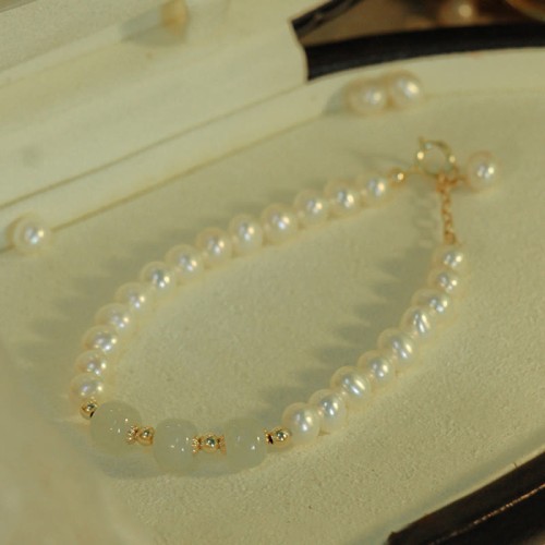 14K Gold Plated Pearl Hetian Cyan Jade Sincerity Bead Bracelet 14K Gold Plated Pearl Hetian Cyan Jade Sincerity Bead Bracelet