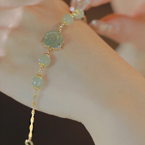 14K Gold Hetian Jade Rose Flower Luck Chain Bracelet 14K Gold Hetian Jade Rose Flower Luck Chain Bracelet
