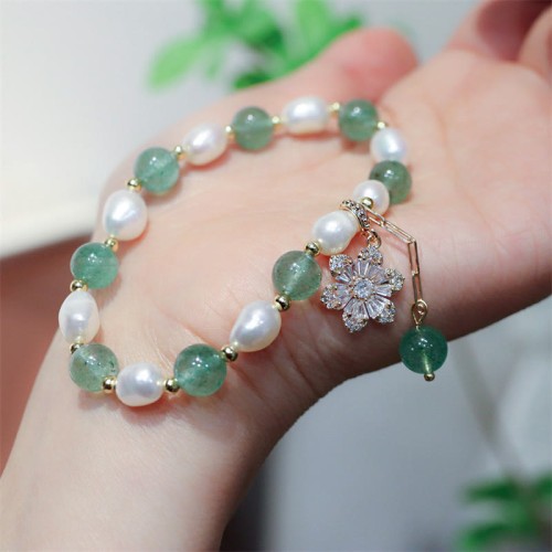 Green Strawberry Quartz Pearl Flower Charm Bracelet Green Strawberry Quartz Pearl Flower Charm Bracelet