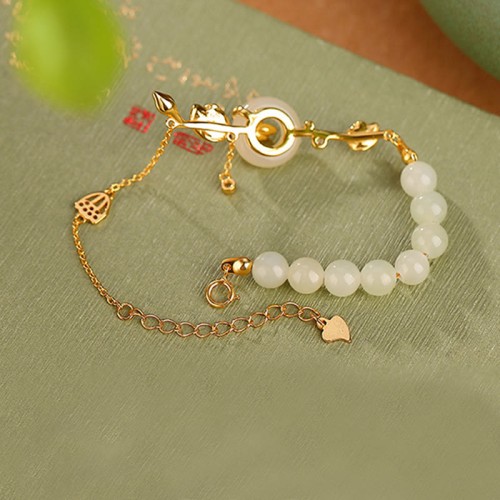 925 Silver Hetian Jade Peace Lotus Luck Bracelet 925 Silver Hetian Jade Peace Lotus Luck Bracelet