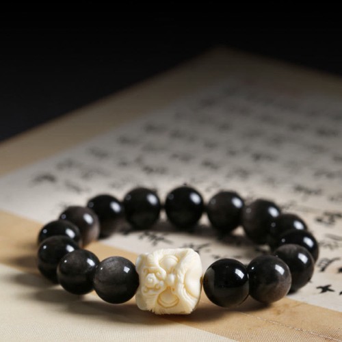 Silver Sheen Obsidian Bodhi Seed Lion Bracelet Silver Sheen Obsidian Bodhi Seed Lion Bracelet