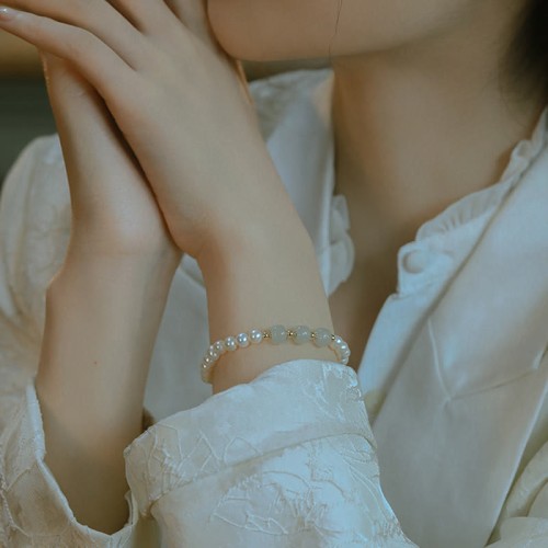 14K Gold Plated Pearl Hetian Cyan Jade Sincerity Bead Bracelet 14K Gold Plated Pearl Hetian Cyan Jade Sincerity Bead Bracelet