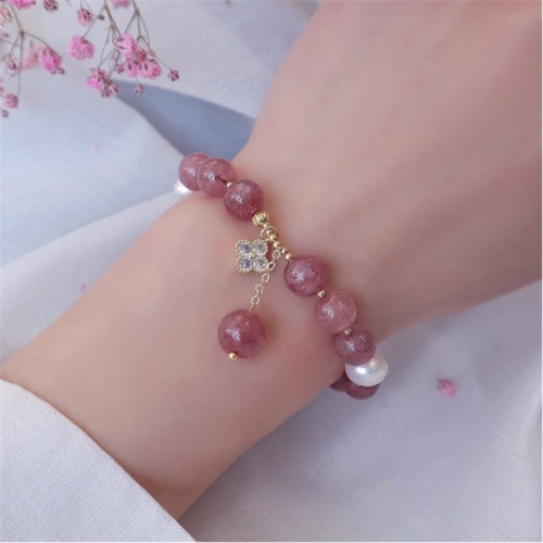 Strawberry Quartz Pearl Four Leaf Clover Love Bracelet Strawberry Quartz Pearl Four Leaf Clover Love Bracelet