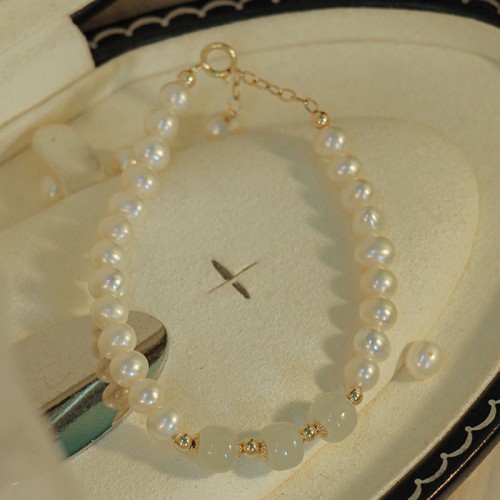 14K Gold Plated Pearl Hetian Cyan Jade Sincerity Bead Bracelet 14K Gold Plated Pearl Hetian Cyan Jade Sincerity Bead Bracelet
