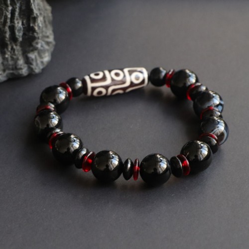 Black Onyx Nine-Eye Dzi Bead Wealth Bracelet Black Onyx Nine-Eye Dzi Bead Wealth Bracelet
