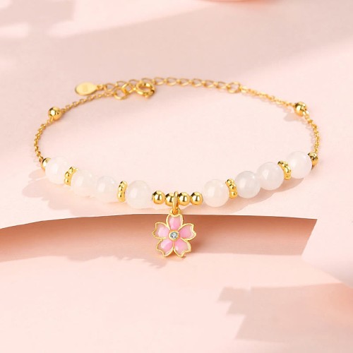 925 Sterling Silver Hetian White Jade Cherry Blossom Protection Bracelet 925 Sterling Silver Hetian White Jade Cherry Blossom Protection Bracelet
