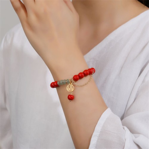 Cinnabar Fu Character Jade Calm Bracelet