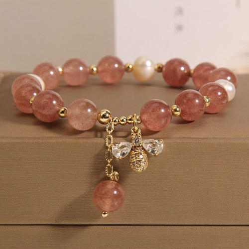 Strawberry Quartz Pearl Zircon Honeybee Positive Charm Bracelet