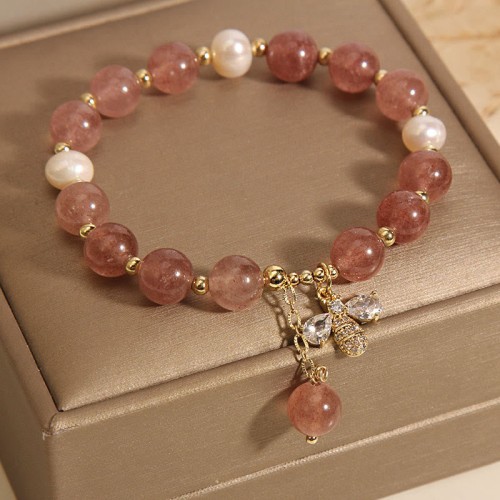 Strawberry Quartz Pearl Zircon Honeybee Positive Charm Bracelet