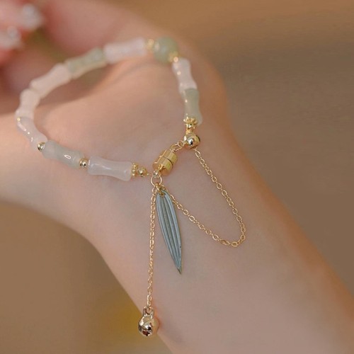 14K Gold Plated Hetian Jade Bamboo Leaf Luck Bracelet 14K Gold Plated Hetian Jade Bamboo Leaf Luck Bracelet