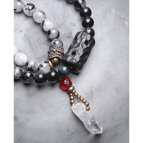Black Rutilated Quartz Ebony Wood White Crystal Success Bracelet Black Rutilated Quartz Ebony Wood White Crystal Success Bracelet