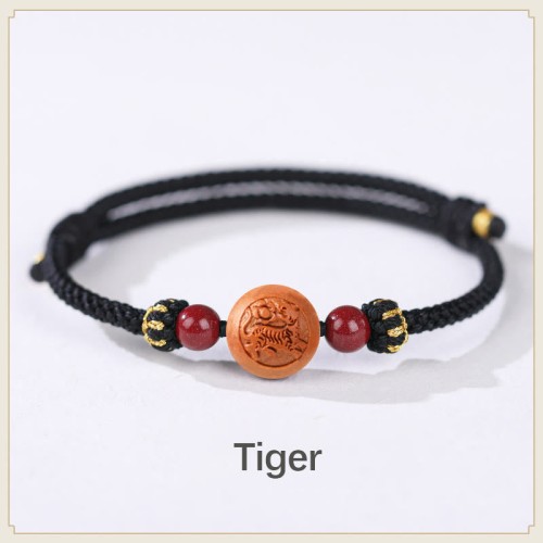 Natural Peach Wood Chinese Zodiac Cinnabar Wealth Bracelet