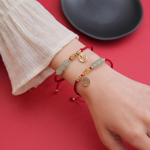 Jade Fu Character Charm Luck Red Rope Bracelet
