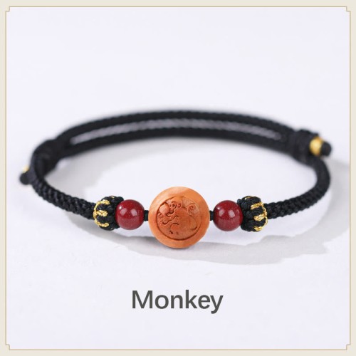 Natural Peach Wood Chinese Zodiac Cinnabar Wealth Bracelet