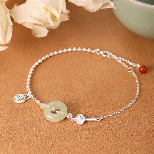 925 Sterling Silver Hetian Jade Fu Character Luck Bracelet