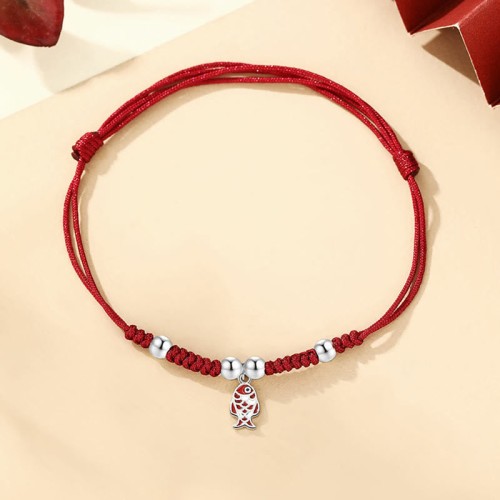 925 Sterling Silver Koi Fish Wealth Braided Red Bracelet