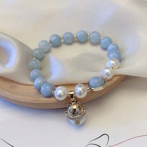 Aquamarine Pearl Healing Lucky Cat Charm Bracelet Aquamarine Pearl Healing Lucky Cat Charm Bracelet