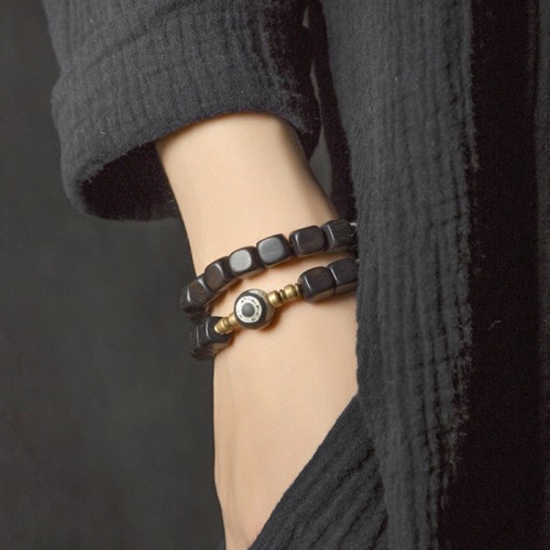 Ebony Wood Dzi Bead Copper Peace Couple Bracelet Ebony Wood Dzi Bead Copper Peace Couple Bracelet