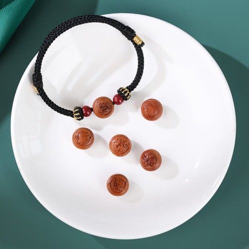 Natural Peach Wood Chinese Zodiac Cinnabar Wealth Bracelet