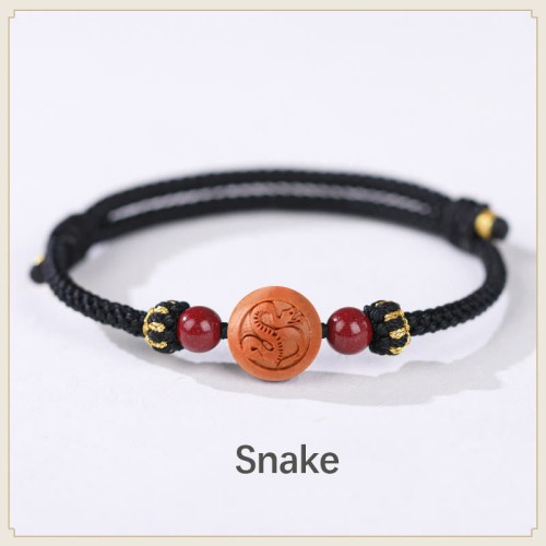 Natural Peach Wood Chinese Zodiac Cinnabar Wealth Bracelet