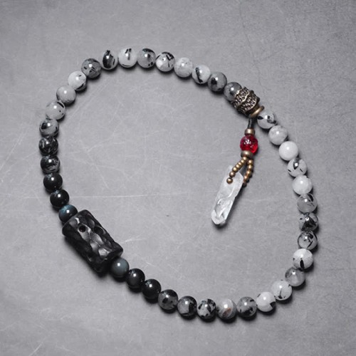 Black Rutilated Quartz Ebony Wood White Crystal Success Bracelet Black Rutilated Quartz Ebony Wood White Crystal Success Bracelet