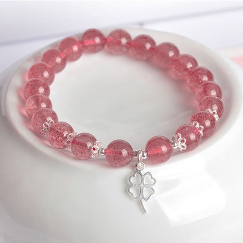 925 Silver Strawberry Quartz Four Leaf Clover Bracelet