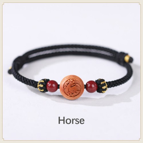 Natural Peach Wood Chinese Zodiac Cinnabar Wealth Bracelet