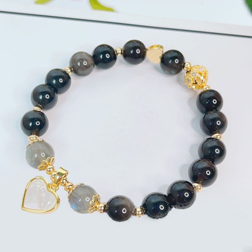 Natural Silver Sheen Obsidian Heart Star Flower Protection Bracelet