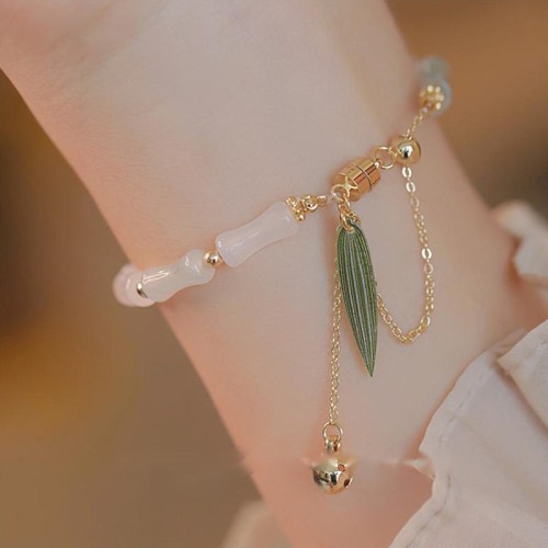 14K Gold Plated Hetian Jade Bamboo Leaf Luck Bracelet 14K Gold Plated Hetian Jade Bamboo Leaf Luck Bracelet