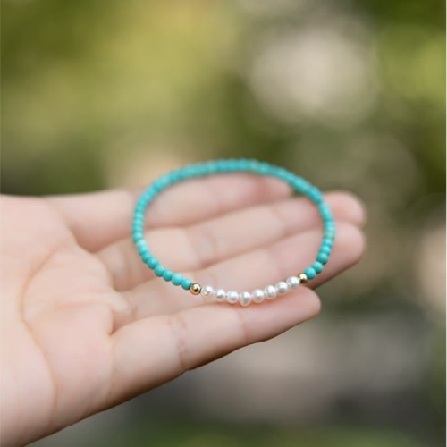 925 Sterling Silver Natural Turquoise Pearl Beaded Bracelet 925 Sterling Silver Natural Turquoise Pearl Beaded Bracelet