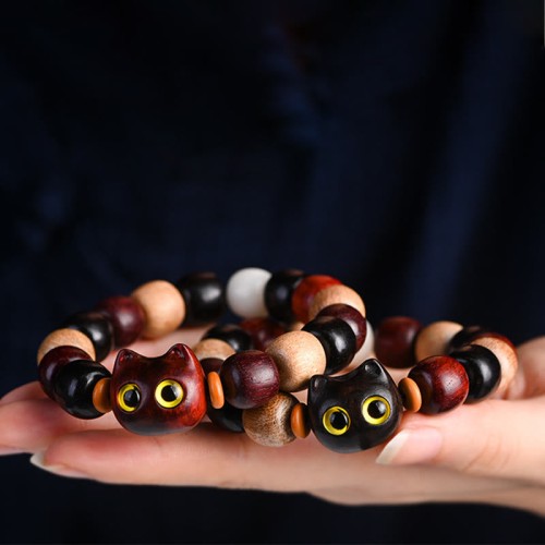 Ebony Wood Cat Engraved Protection Bracelet