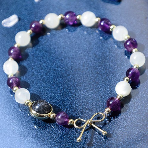 Amethyst Cat Eye Black Rutilated Quartz Bead Bracelet