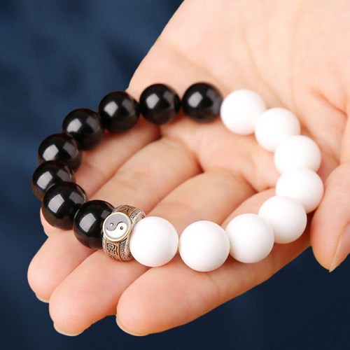 925 Sterling Silver Black Obsidian White Shell Yin Yang Bracelet 925 Sterling Silver Black Obsidian White Shell Yin Yang Bracelet