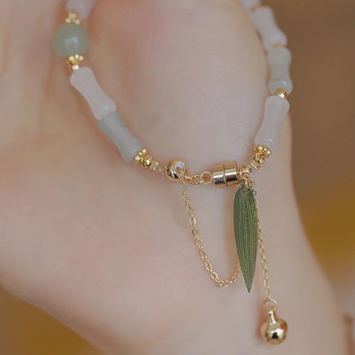 14K Gold Plated Hetian Jade Bamboo Leaf Luck Bracelet 14K Gold Plated Hetian Jade Bamboo Leaf Luck Bracelet