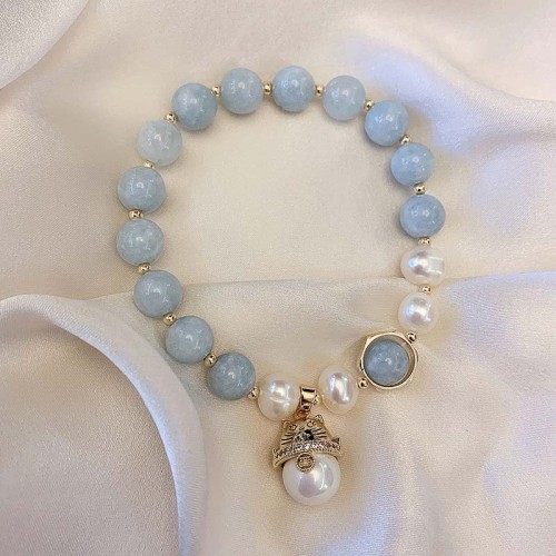 Aquamarine Pearl Healing Lucky Cat Charm Bracelet Aquamarine Pearl Healing Lucky Cat Charm Bracelet