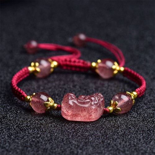 Natural Strawberry Crystal Pixiu Charm Lucky Bracelet