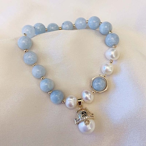 Aquamarine Pearl Healing Lucky Cat Charm Bracelet Aquamarine Pearl Healing Lucky Cat Charm Bracelet