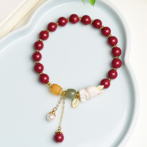 Year of the Rabbit Cinnabar Hetian Jade Bunny Bracelet Year of the Rabbit Cinnabar Hetian Jade Bunny Bracelet