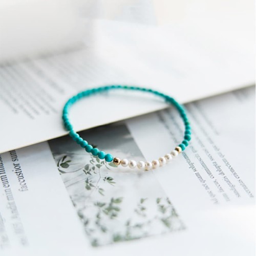 925 Sterling Silver Natural Turquoise Pearl Beaded Bracelet 925 Sterling Silver Natural Turquoise Pearl Beaded Bracelet