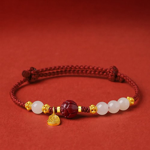 24K Gold Plated Hetian White Jade Lotus Luck Rope Bracelet 24K Gold Plated Hetian White Jade Lotus Luck Rope Bracelet