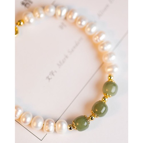 14K Gold Plated Pearl Hetian Cyan Jade Sincerity Bead Bracelet 14K Gold Plated Pearl Hetian Cyan Jade Sincerity Bead Bracelet