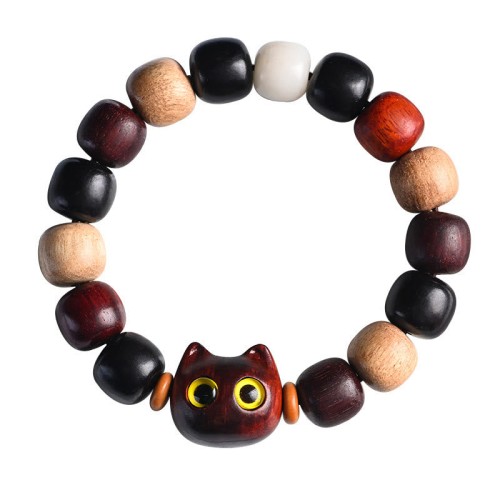 Ebony Wood Cat Engraved Protection Bracelet