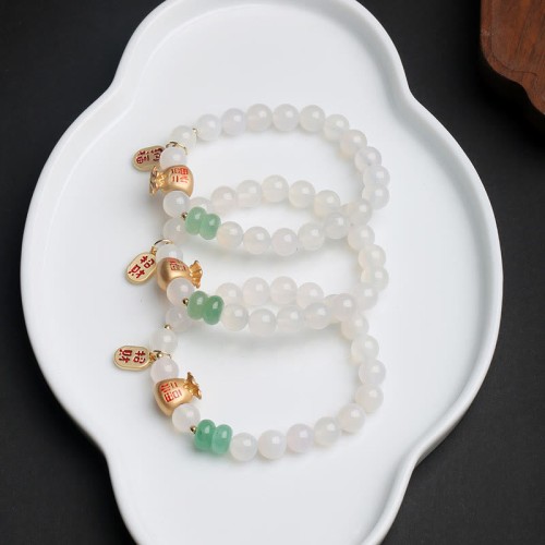 White Agate Red Agate Money Bag Fu Character Bracelet White Agate Red Agate Money Bag Fu Character Bracelet