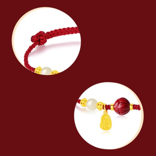 24K Gold Plated Hetian White Jade Lotus Luck Rope Bracelet 24K Gold Plated Hetian White Jade Lotus Luck Rope Bracelet