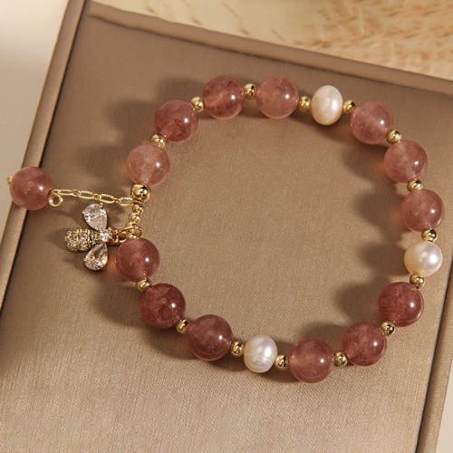 Strawberry Quartz Pearl Zircon Honeybee Positive Charm Bracelet