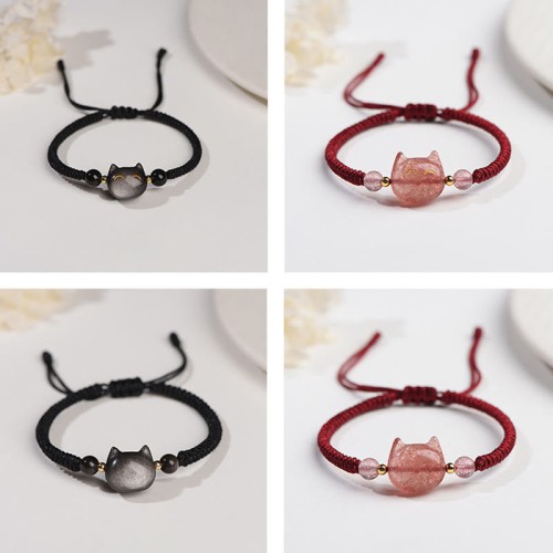 Silver Sheen Obsidian Strawberry Quartz Cat Bracelet Silver Sheen Obsidian Strawberry Quartz Cat Bracelet