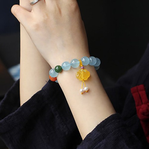 Aquamarine Amber Chinese Knot Charm Peace Bracelet