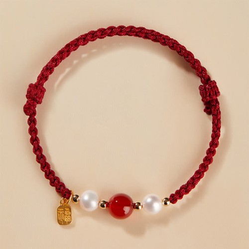 Sterling Silver Good Fortune Agate Pearl Red String Bracelet